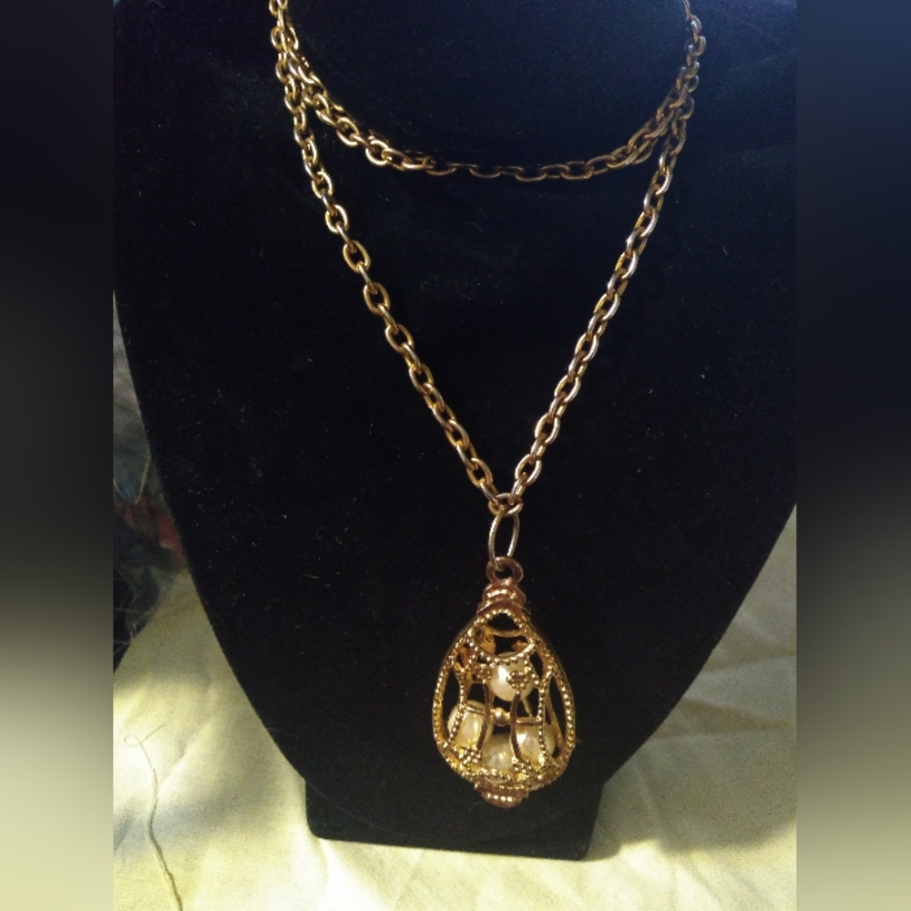 Vintage Gold Toned Long Necklace, 34 Inches, Four Caged Pearls - Picture 2 of 6